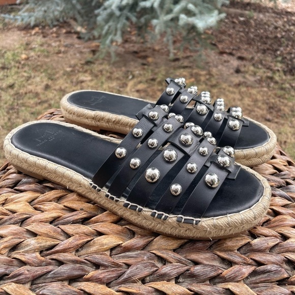 Marc Fisher Black Studded Strappy Tamie Platform Slip On Leather Espadrille Sz 8 - Picture 4 of 11